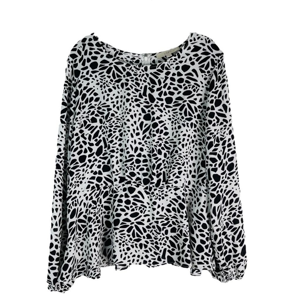 Loft black white spotted peplum office preppy top 10